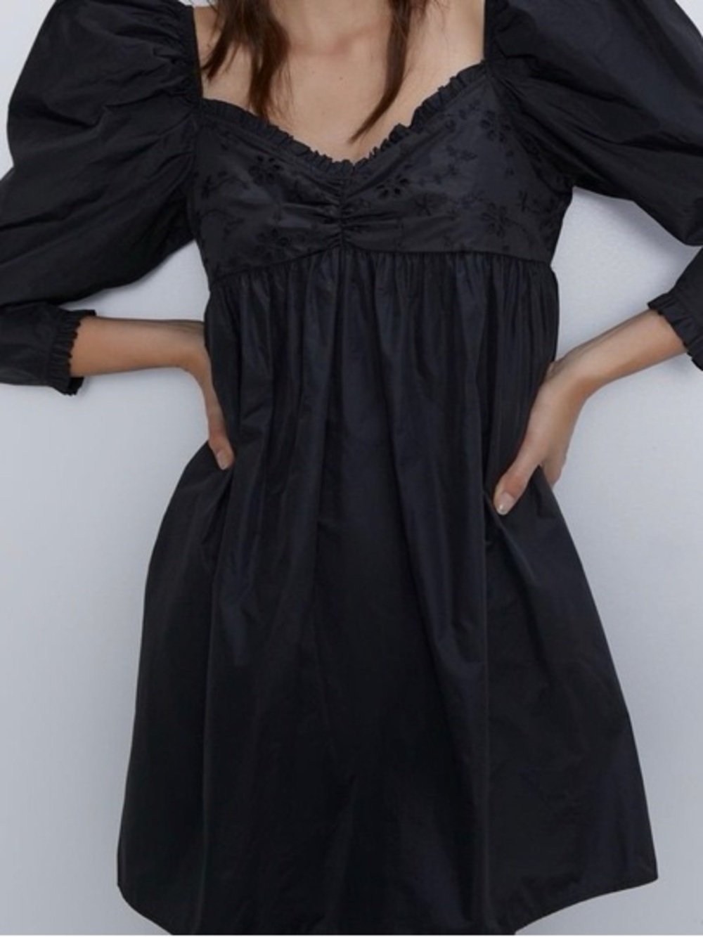 Zara Black Puff-Sleeve Eyelet Babydoll Mini Dress - Sweetheart Neck NWT XS